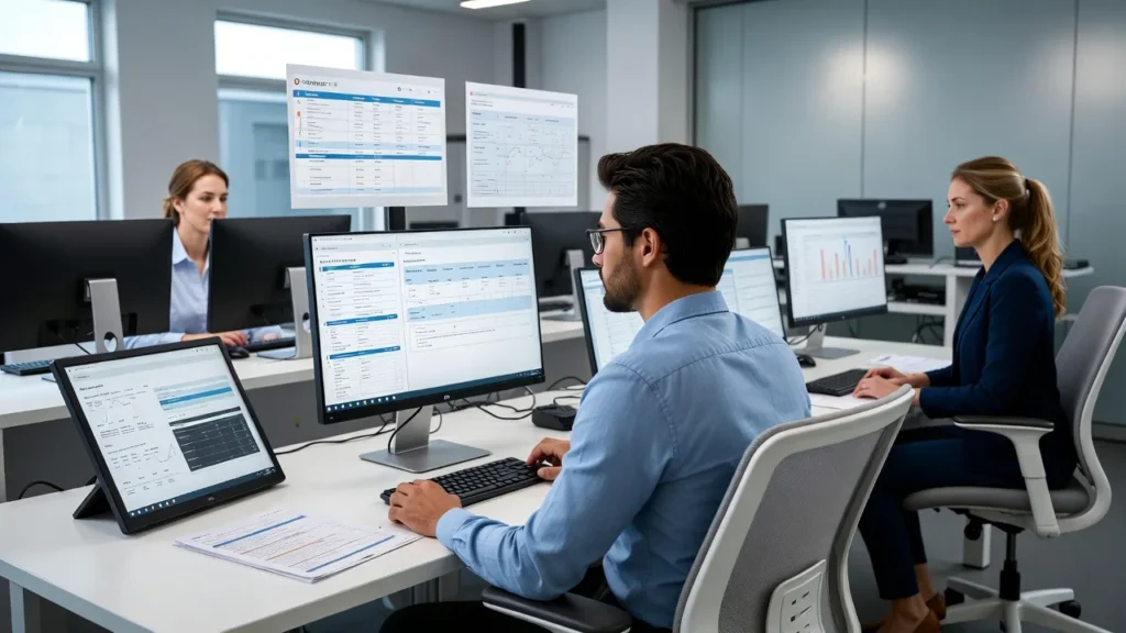 Healthcare administrative staff reviewing insurance requirements and processing prior authorization requests in a modern medical office