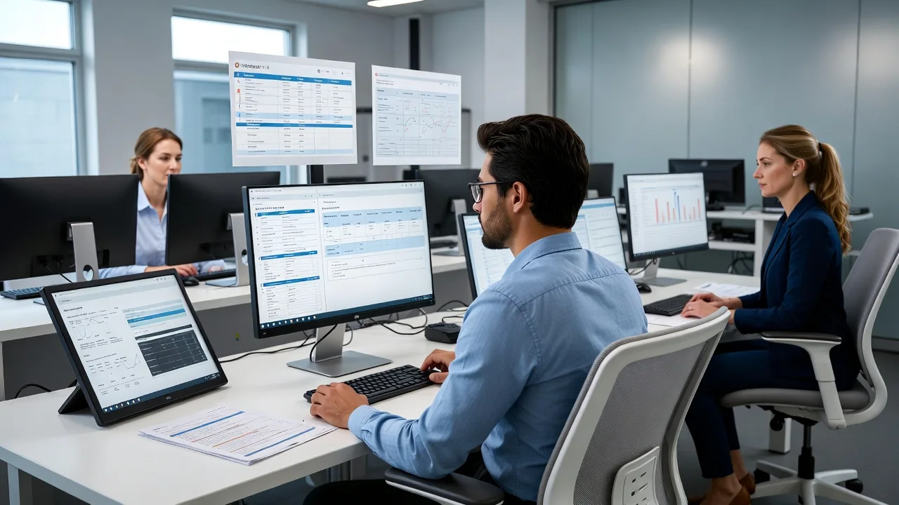 Healthcare administrative staff reviewing insurance requirements and processing prior authorization requests in a modern medical office