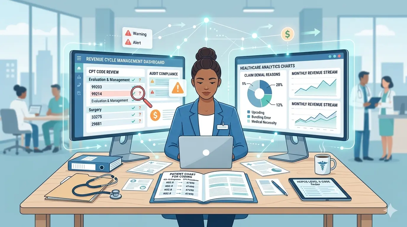 Illustration of a medical coder reviewing CPT coding errors and audit alerts on a computer screen in a healthcare billing environment