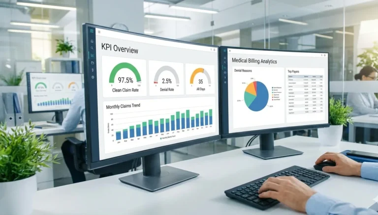 A close-up of dual computer monitors in a bright office showing a "KPI Overview" dashboard. Metrics include a 97.5% Clean Claim Rate, 2.5% Denial Rate, and 35 AR Days, visualized through modern green and orange gauge charts.