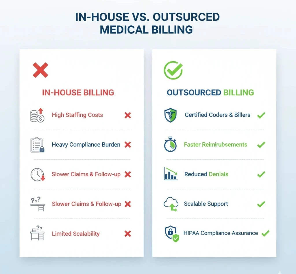 Comparison chart of in-house vs. outsourced medical billing benefits for U.S. healthcare providers.