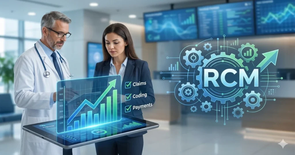 A healthcare administrator and a medical professional reviewing a high-tech digital dashboard displaying the 'RCM' logo, rising financial growth charts, and checklists for claims, coding, and payments in a modern hospital setting.