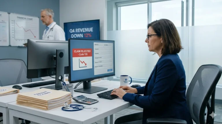 Professional medical administrator analyzing a rejected insurance claim on a monitor in a clean, high-tech medical office setting with financial charts in the background.