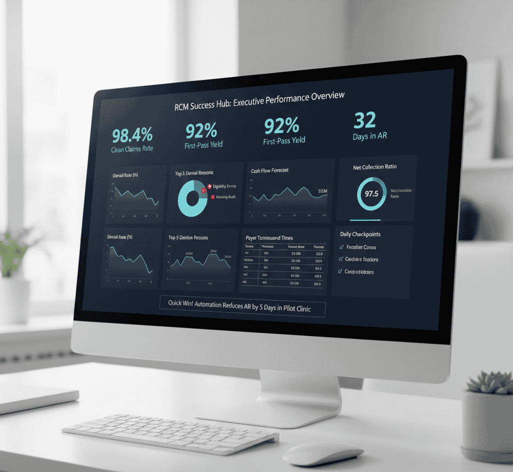 Executive revenue cycle management dashboard showing clean claims rate, first-pass yield, days in accounts receivable, and net collection ratio