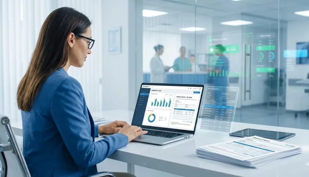 A professional woman at a clean white desk using a laptop with billing software. The scene features a futuristic holographic interface showing healthcare data, with physical claim documents stacked nearby, blending traditional and advanced digital technology.