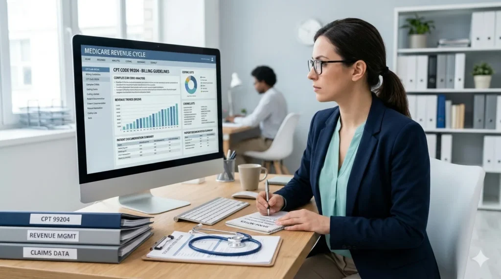 Medical billing specialist reviewing CPT Code 99204 documentation and reimbursement data on a computer screen