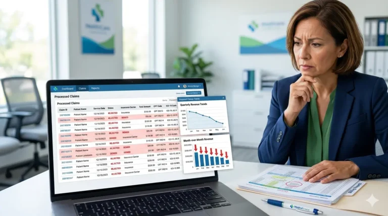Medical billing dashboard showing claim denials and coding errors in a small medical practice causing revenue loss