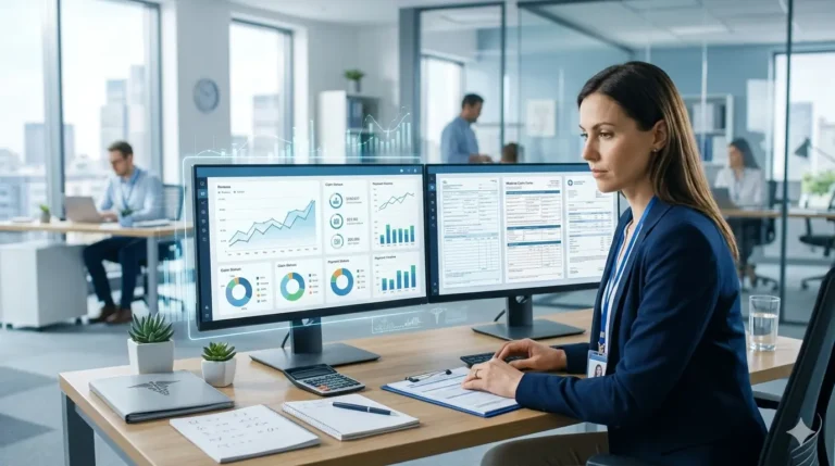 Healthcare billing specialist reviewing medical billing data and financial charts on a computer in a modern healthcare office, representing medical billing costs and revenue cycle management in the USA.