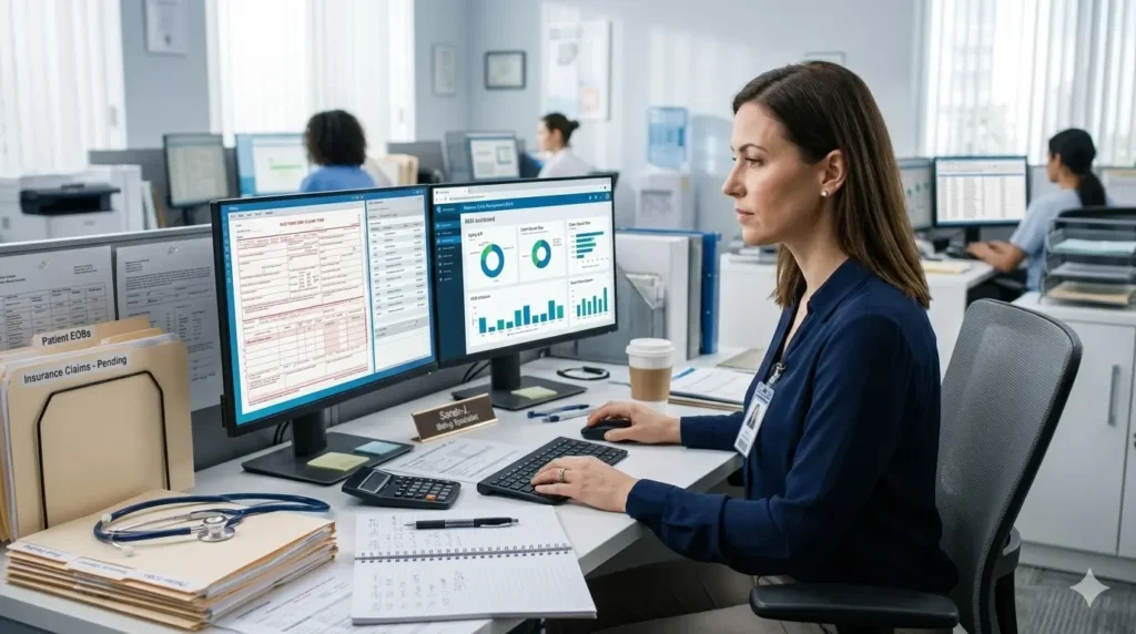 Healthcare billing specialist working on computer showing medical billing process and insurance claim submission workflow
