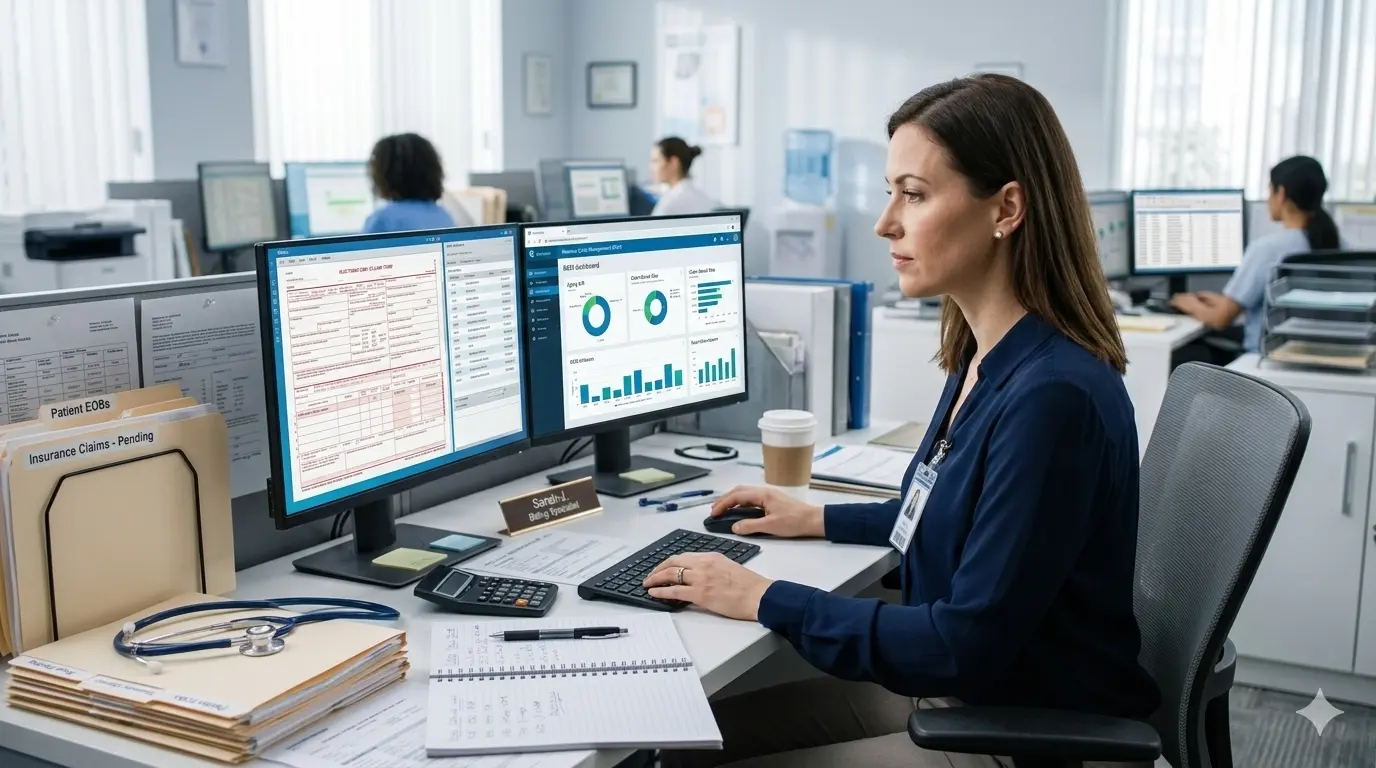 Healthcare billing specialist working on computer showing medical billing process and insurance claim submission workflow