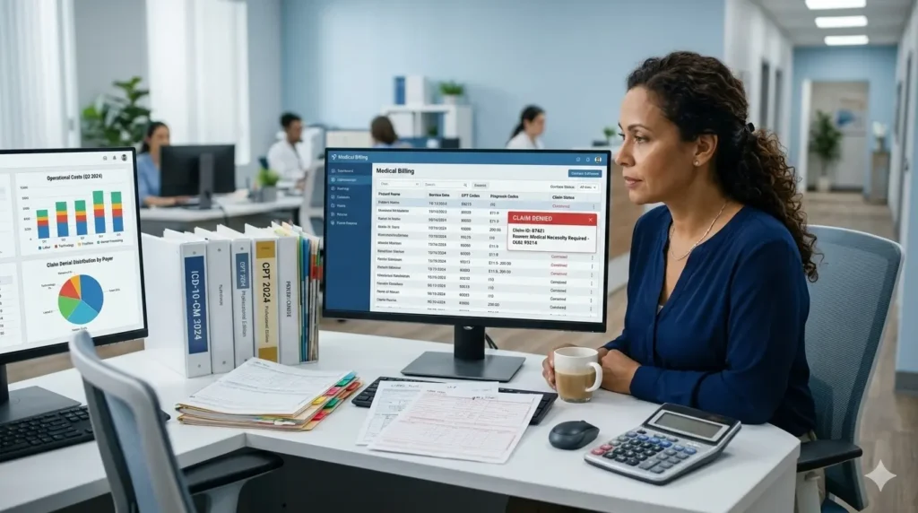 Medical billing specialist reviewing coding errors and denied claims that increase operational costs in healthcare