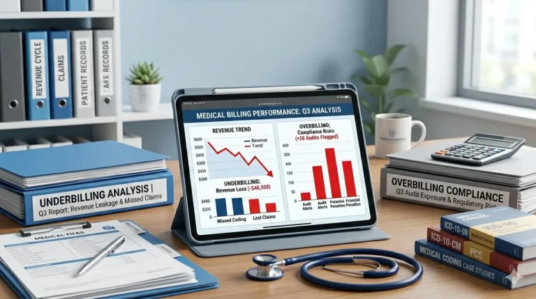 Medical billing revenue loss concept showing underbilling and overbilling with financial charts