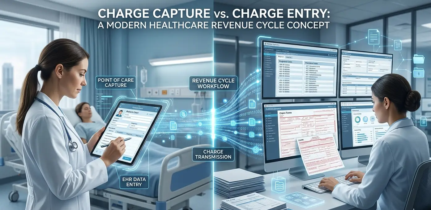 Split-scene illustration showing charge capture at the bedside by a clinician using a tablet and charge entry by a medical billing specialist at a computer, connected by a digital data flow representing the healthcare revenue cycle process.