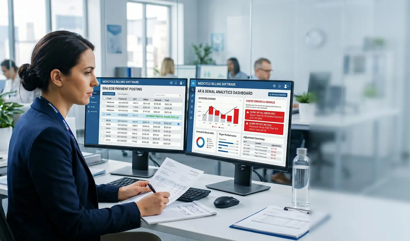 Healthcare revenue cycle specialist reviewing medical billing payment posting data on dual monitors displaying ERA/EOB remittances, denied claims, accounts receivable reports, and insurance payment analytics in a modern medical billing office.